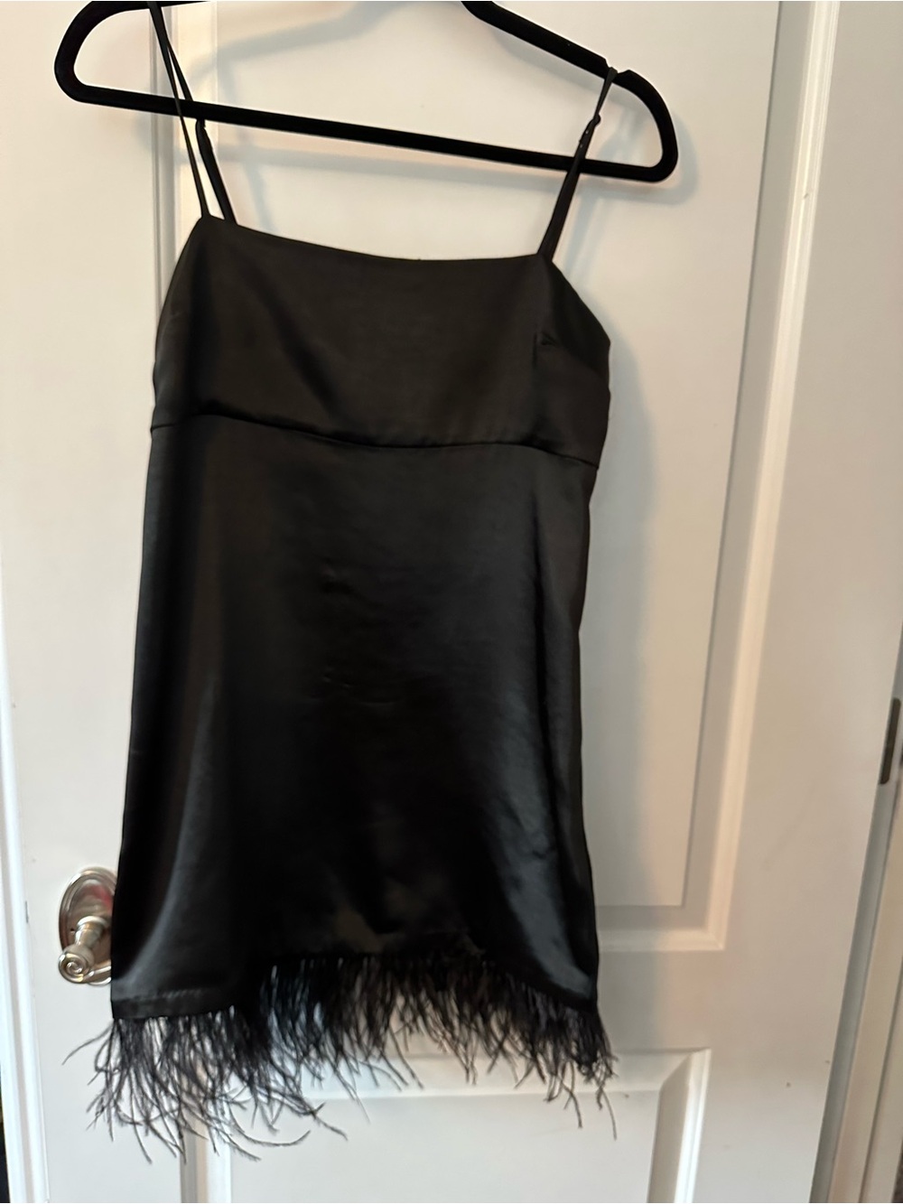 Black Satin Feather-Trim Slip Dress